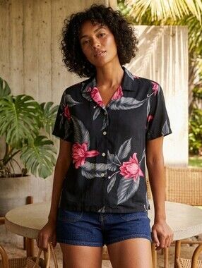 Banana Bay Black Button-Down Shirt with Pink Floral Print